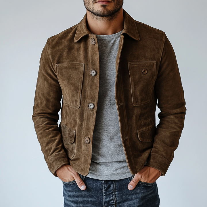 Men's Retro Suede Button-Up Multi-Pocket Lapel Jacket