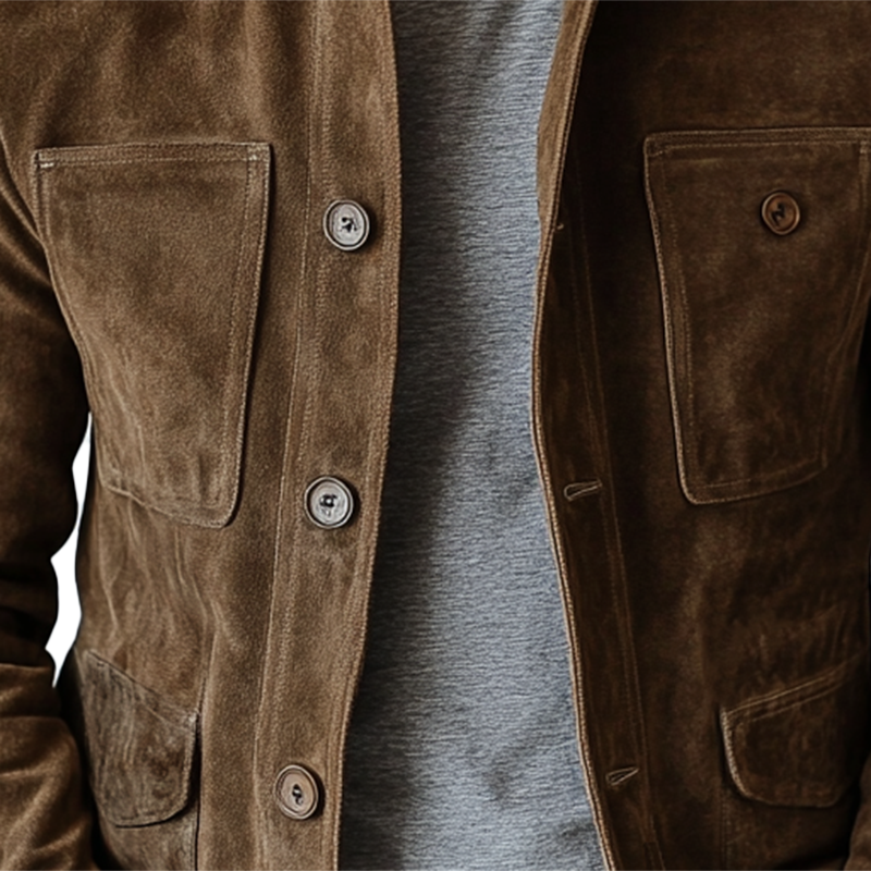 Men's Retro Suede Button-Up Multi-Pocket Lapel Jacket