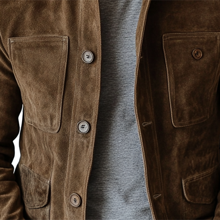 Men's Retro Suede Button-Up Multi-Pocket Lapel Jacket