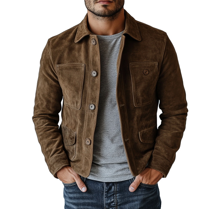 Men's Retro Suede Button-Up Multi-Pocket Lapel Jacket